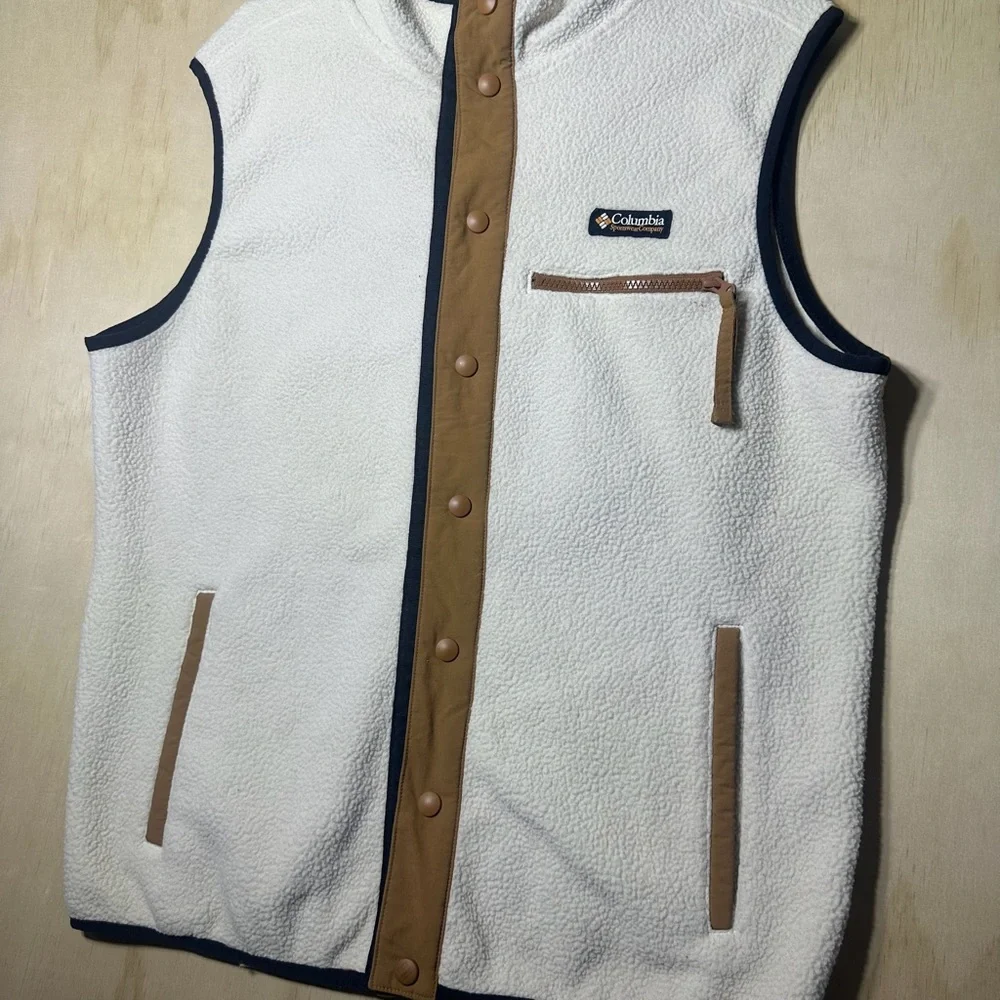 Columbia Vest Men's M Chalk Colorblock Helvetia II Sherpa Fleece Snap Retro - Picture 3 of 10